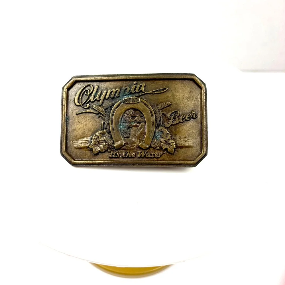 VTG Olympia Beer Belt Buckle Brass Horseshoe Waterfall Limited Edition W/Opener